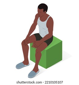 Adult person, underwear and slippers. Isometric vector illustration of a sitting person of African ethnicity.