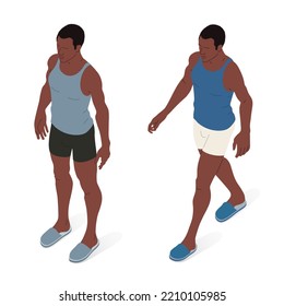 Adult person, underwear and slippers. Isometric vector illustration of an African ethnicity person standing and a person walking.