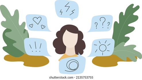 An adult person or woman experiences various and conflicting feelings and emotions of anger, love, confusion, happiness, surprise. Feelings management, emotional intelligence. Flat vector illustration