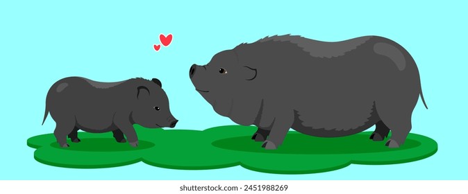 Adult pig and piglet. A family of black Vietnamese pot-bellied pigs. Farm. Isolated minimalistic illustration.