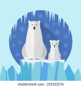 Adult Polar Bear and baby Polar Bear against the snow and ice