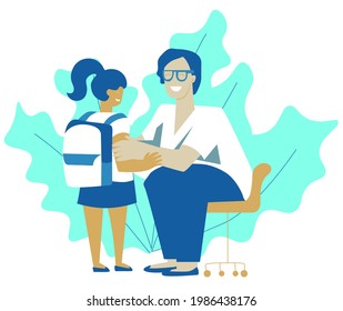 Adult preparing young girl for school activity. Vector flat illustration. Back to school concept. Young pupil with backpack and caring parent or teacher