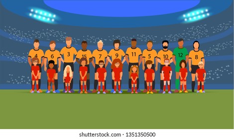   Adult Professional Football Team And Kids In Football Uniform  Before Football Match. Vector Illustration