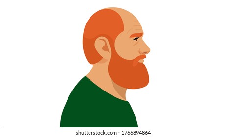 Adult Redhead Man with Beard. Portrait side view. Modern illustration on white background. 