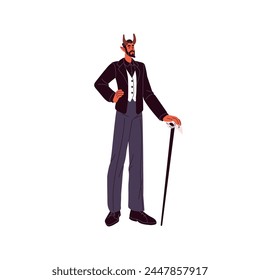 Adult rich man in satan costume on Halloween masquerade. Lucifer character with horns leaned on cane. Devil, demon suit for Helloween carnival. Flat isolated vector illustration on white background