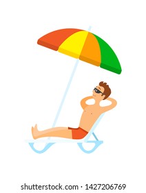 Adult with rising hands sunbathing on chaise lounge under colorful parasol, man wearing shorts and sunglasses. Relaxing male, leisure or vacation vector