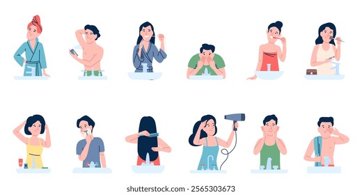 Adult routine in bathroom. People wash face hands, cleaning teeth, shave and comb their hair. Women doing make up and dry hair, recent vector set