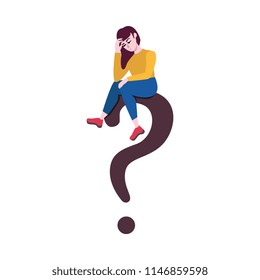 Adult sad woman sitting at big question in thoughtful pose scratching head with negative emotions. Vector illustration and doubtful female charcater.