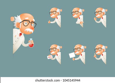 Adult Scientist Character Old Grandfather Look Wise Out Corner Icons Set Cartoon Design Vector Illustration