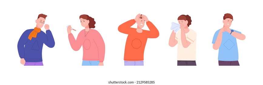 Adult seasonal illness. Sick flu character suffer cold symptom, person having headache cough fever sneeze, sore influenza ill man woman pain condition, splendid vector illustration