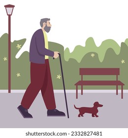 Adult senior man with cane walking with small dog in park. Activities outdoors concept. Elderly human spending time at outside. Flat vector illustration in cartoon style