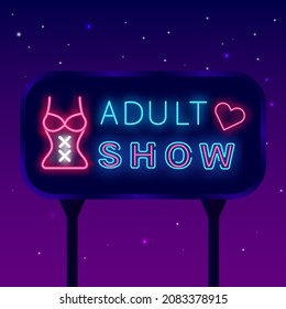 Adult show neon signboard. Sexy lingerie. Striptease street billboard. Night bright banner. Outer glowing effect poster. Editable stroke. Isolated vector stock illustration