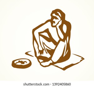 Adult sick dirt skinny bankrupt almsman at coin plate on white city space for text. Line black ink hand drawn travel vagrant character icon pictogram sketch in retro art doodle cartoon graphic style