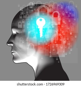 An adult side silhouette profile overlaid with various sized semi transparent Padlocks overlaid with a white key symbol.