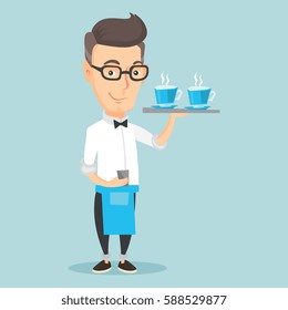 Adult smiling caucasian waiter holding a tray with cups of tea or coffee with steam. Friendly waiter standing with tray with cups of flavoured coffee. Vector flat design illustration. Square layout.