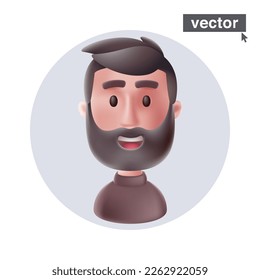 Adult smiling hipster with beard and bangs wearing turtleneck sweater avatar in circle frame. Realistic 3D style vector character illustration in cartoon style. Perfect icon for user profile, ID card.