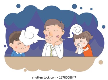 An Adult Smoking A Cigarette Next To Children, Secondhand Smoke Illustration.