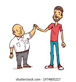 An adult son and an elderly father. Fathers day. Hand drawn cartoon vector illustration.