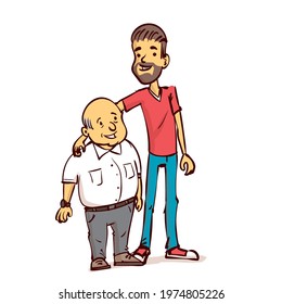 An adult son and an elderly father. Fathers day. Hand drawn cartoon vector illustration.