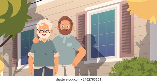 Adult son and elderly father standing in backyard. Family love and care concept