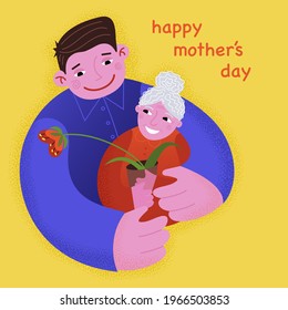 an adult son embraces an elderly mother. she is holding a flower in her hands. concept postcard