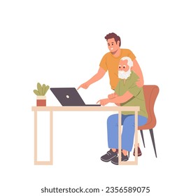 Adult son helping senior father to use laptop computer at home desk table isolated on white