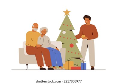 Un hijo adulto ayuda a sus padres mayores a decorar el árbol de Navidad en casa. La familia se reunió cerca del incendio de la Navidad en la víspera del Año Nuevo. Concepto festivo. Ilustración del vector