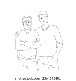 Adult son hugging his senior father. Vector line illustration, white background