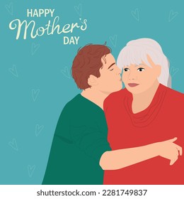 Adult son kissing mother. Happy Mother's Day card. Vector illustration. 