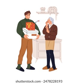 Adult son presents Christmas gift to his old mother. Elderly woman rejoices at surprise. Young man gives birthday giftboxes to parent, family. Flat isolated vector illustration on white background