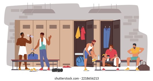 Adult Sportsmen in Sports Locker Room. Male Characters Change Clothes after Training or Workout in Gym, Chatting, Drink Water and Prepare for Workout. Cartoon People Vector Illustration