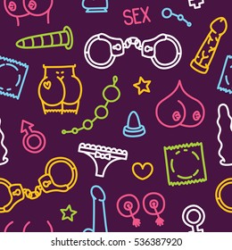 Adult Store Colorful Sex Toys Items Seamless Vector Background Purple