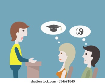 Adult students listening to a lecture and dreaming of their objectives. Vector illustration in flat design. Concept for adult or supplementary education, further training, skill and self improvement.