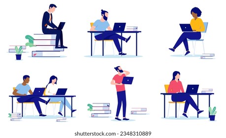 Adult students vector collection - Set of illustration with people learning, doing research and taking education online with computers. Flat design with white background - Shutterstock ID 2348310889