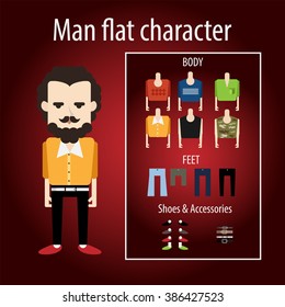 Adult stylish man evil hipster with beard and mustache is. Vector flat character chooses clothes, body, shoes. Sweater, shirt and camouflage.