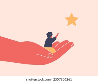 Adult supports a child in achieving his dream. Small boy in his parent's hand reaches for glowing star as a symbol of knowledge, growth and hope. Care and help for kids. Vector illustration