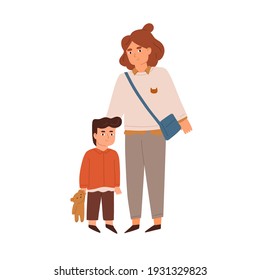 Adult teacher standing together with little kid. Portrait of happy young mother with child. Smiling educator and small boy. Colored flat vector illustration of mom and son isolated on white