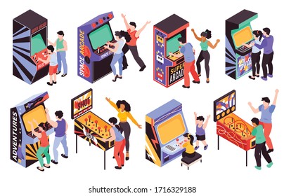 Adult teen and kid persons playing on retro arcade game machines isometric set isolated vector illustration