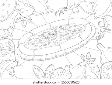 Adult and teenage coloring page with pizza and ingredient such as vegetable, sausage and cheese