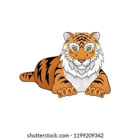 Adult tiger laying isolated on white background. Large wild animal with orange coat and black stripes. Vector design