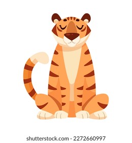 Adult Tiger with Striped Coat in Sitting Pose Vector Illustration