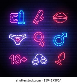 Adult Tools neon sign, bright signboard, light banner. Sex tool neon, emblem. Vector illustration