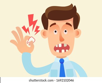 Adult tooth loss disease, edentulous, gum disease, scurvy. Toothless man holds a lost tooth in his hand. Harm of smoking. Vector illustration, flat design, cartoon style, isolated background.