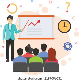 Concepto de escena en aula de formación y desarrollo para adultos, símbolo hrm, Administrador que ofrece presentación sobre el diseño de iconos de colores de vector de crecimiento, signo de hr, ilustración de material de caracteres empresariales