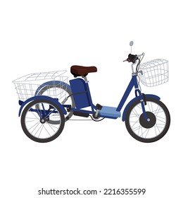 Adult tricycle with basket. A bicycle on three wheels. Ecological transport. Delivered of packages by cycling courier tricycle cargo designed and constructed specifically. Flat vector illustration