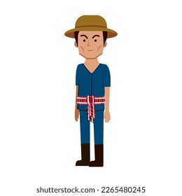 Adult Uncle Farmer Man Wearing Blue Mor-Hom Clothes and Yellow Brown Straw Hat Standing Character Design