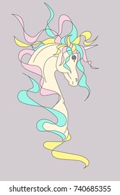 Adult unicorn with mane. Soft pastel colors illustration of a fairy-tale animal.  Energetic neck's bend shows the power of the animal. Mythical horse with a magic horn. Mane is rainbow-like chaotic.