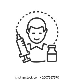 Adult vaccination - vector line design single isolated icon on white background. High quality black pictogram. Grown-up men health is protected. Preventive measures against diseases and viruses