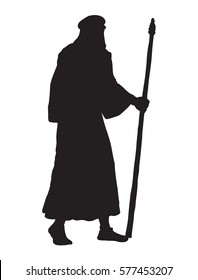 Adult wanderer with old stick in middle east judaic biblical apparel: shemagh, robe, thobe. Dark black ink hand drawn picture icon in vintage engraving style