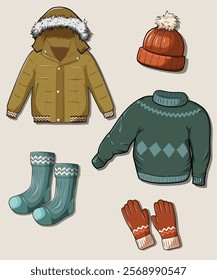 adult winter clothing set, hand drawn illustration
